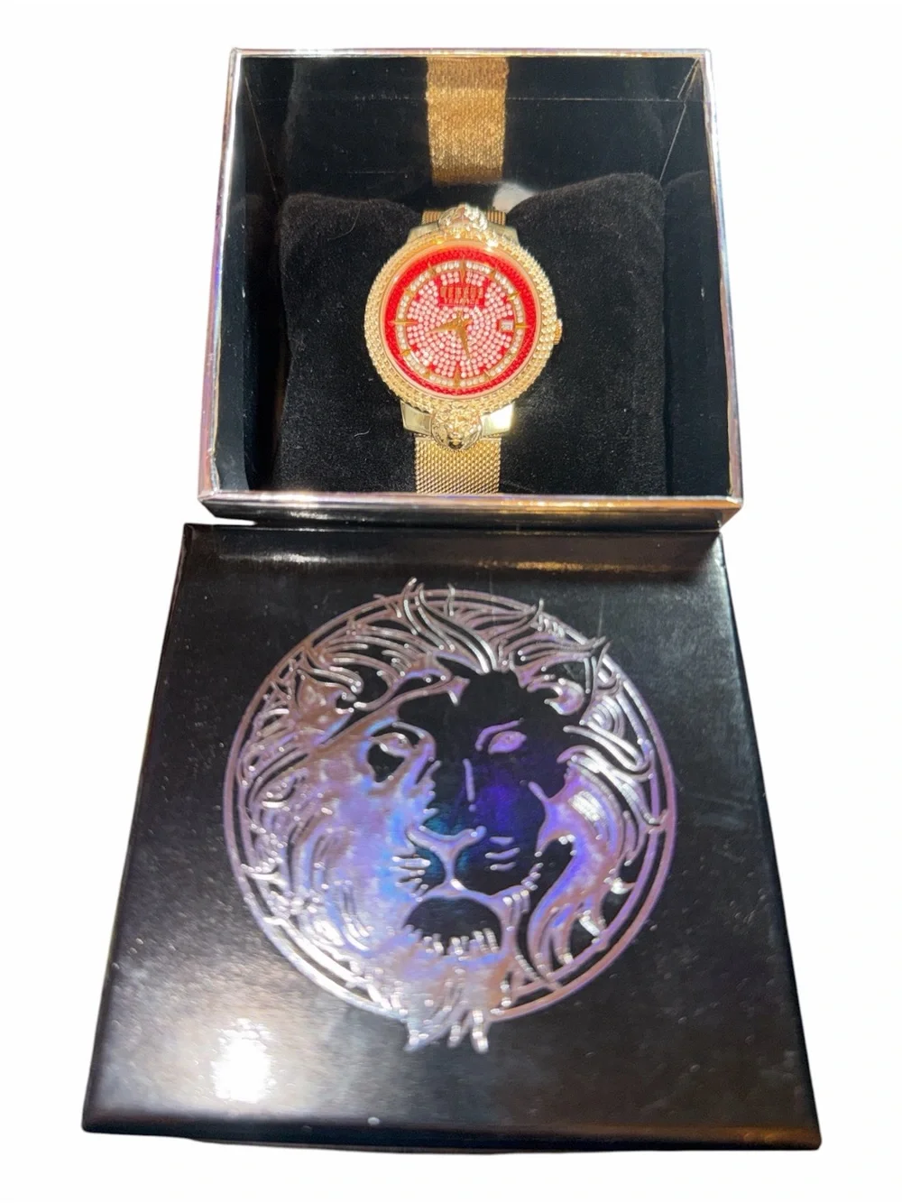 NWT Versus Versace Mouffetard Gold Mesh Watch Red Crystal Dial (NIB)
